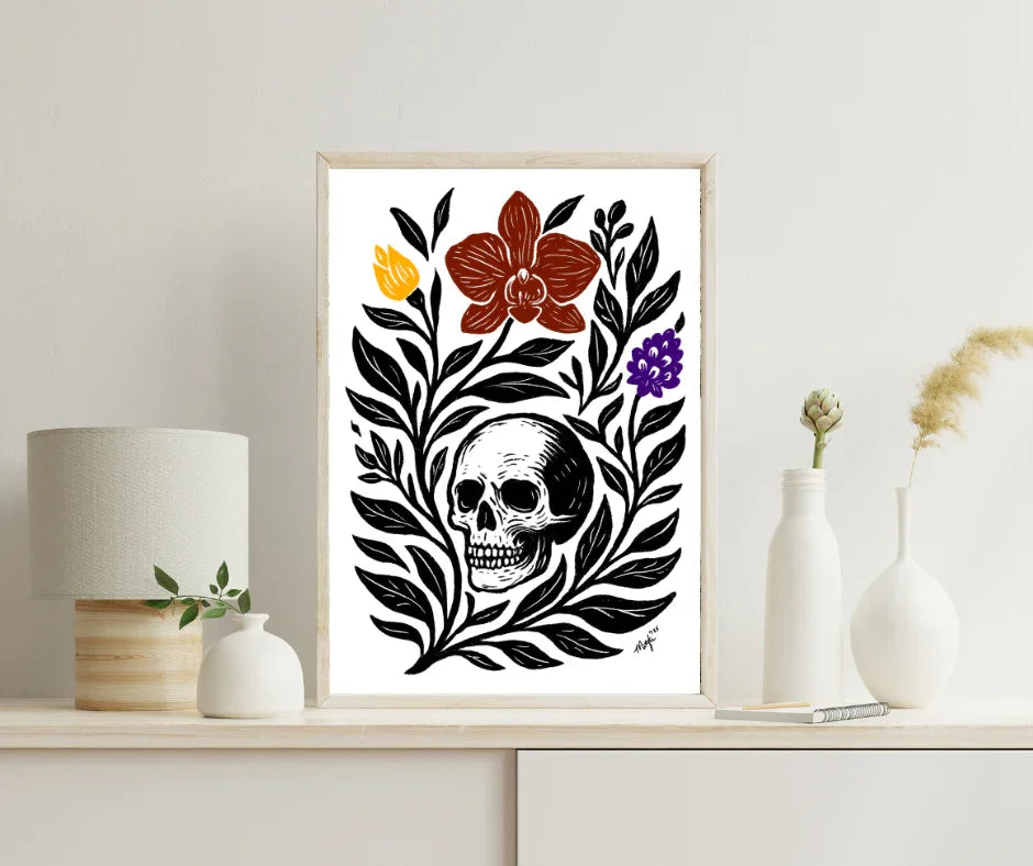 Art Print - Skull Garden Folk Art Minimal Modern Botanical - Mystical Wall Art Print - Revolutionary Mystic
