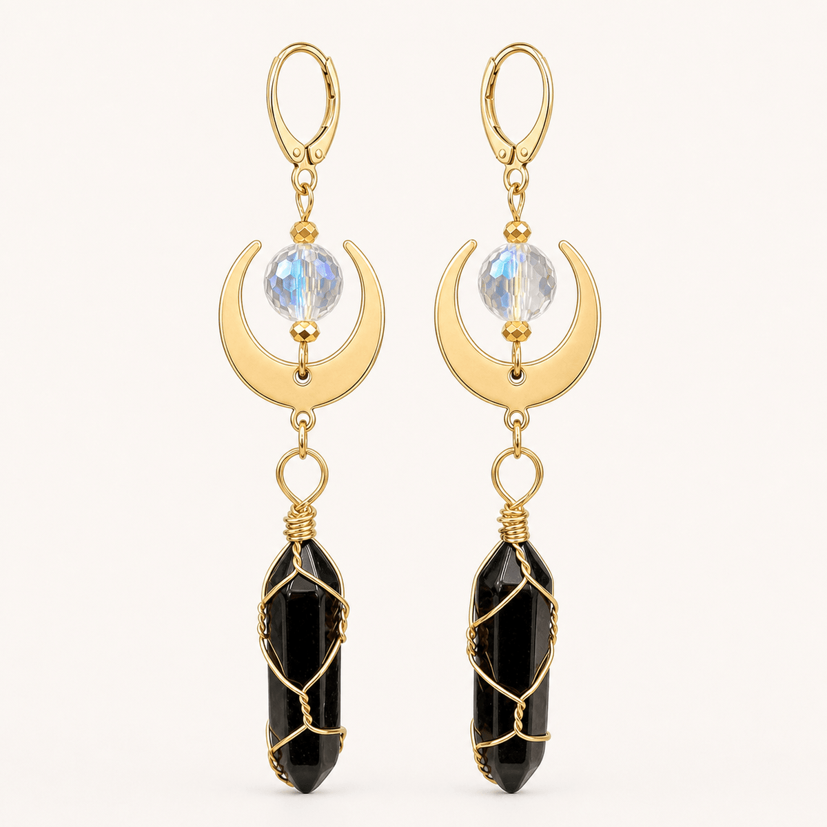 Event Horizon — Black Onyx & Gold Crescent Earrings - Black Moon Ritualcraft