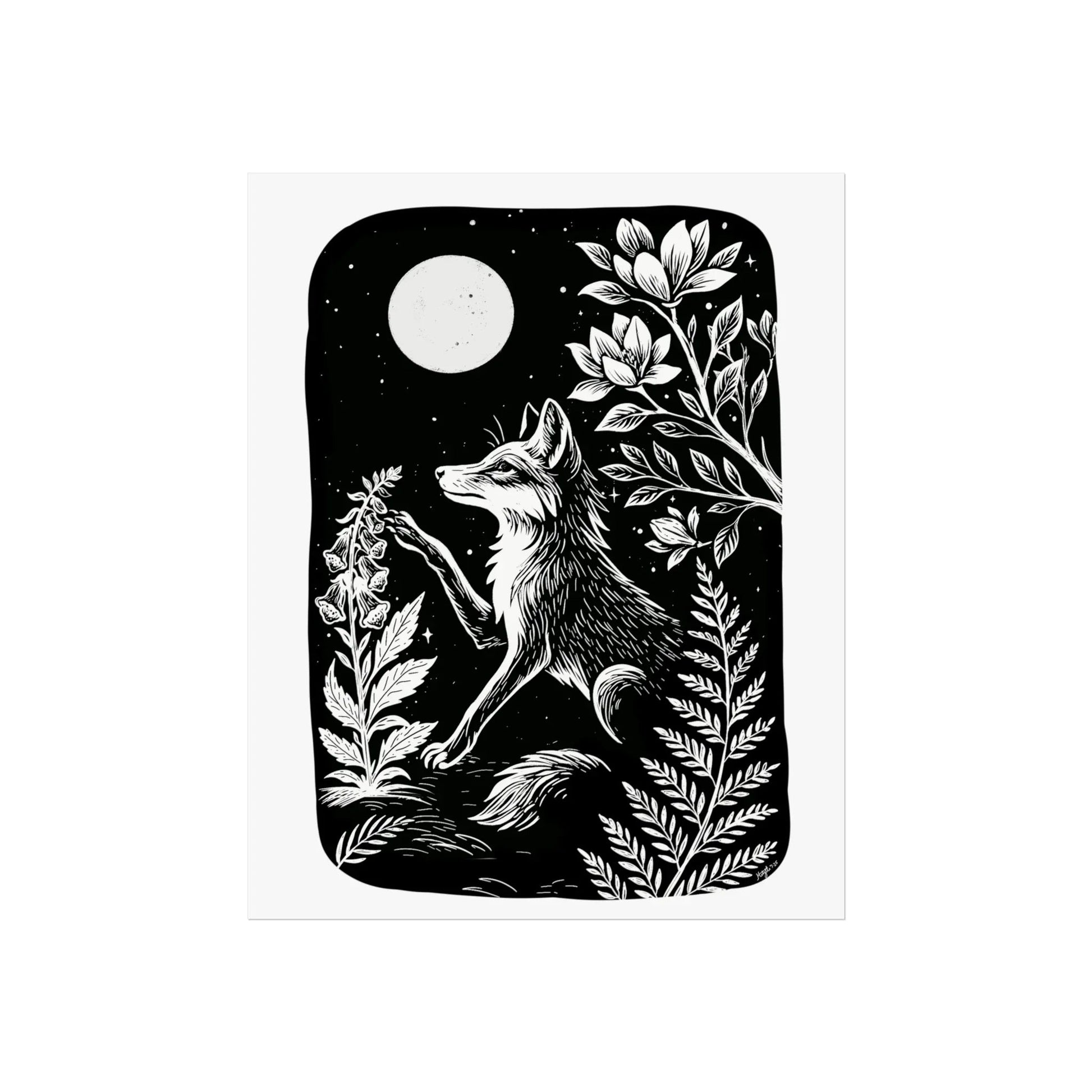 Art Print - Digitalis Monochrome Mystical Fox Folk Art Linocut Style - Mystical Wall Art Print - Revolutionary Mystic