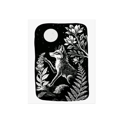 Art Print - Digitalis Monochrome Mystical Fox Folk Art Linocut Style - Mystical Wall Art Print - Revolutionary Mystic