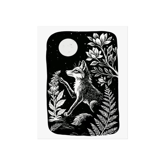 Art Print - Digitalis Monochrome Mystical Fox Folk Art Linocut Style - Mystical Wall Art Print - Revolutionary Mystic
