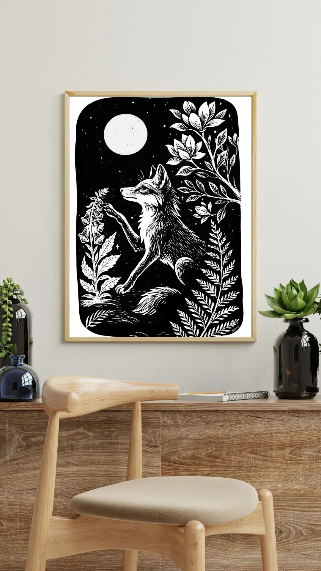 Art Print - Digitalis Monochrome Mystical Fox Folk Art Linocut Style - Mystical Wall Art Print - Revolutionary Mystic