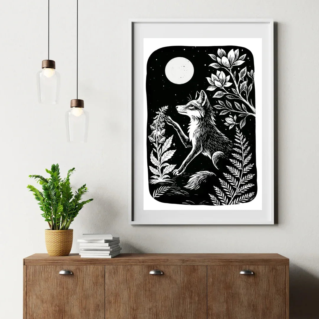 Art Print - Digitalis Monochrome Mystical Fox Folk Art Linocut Style - Mystical Wall Art Print - Revolutionary Mystic