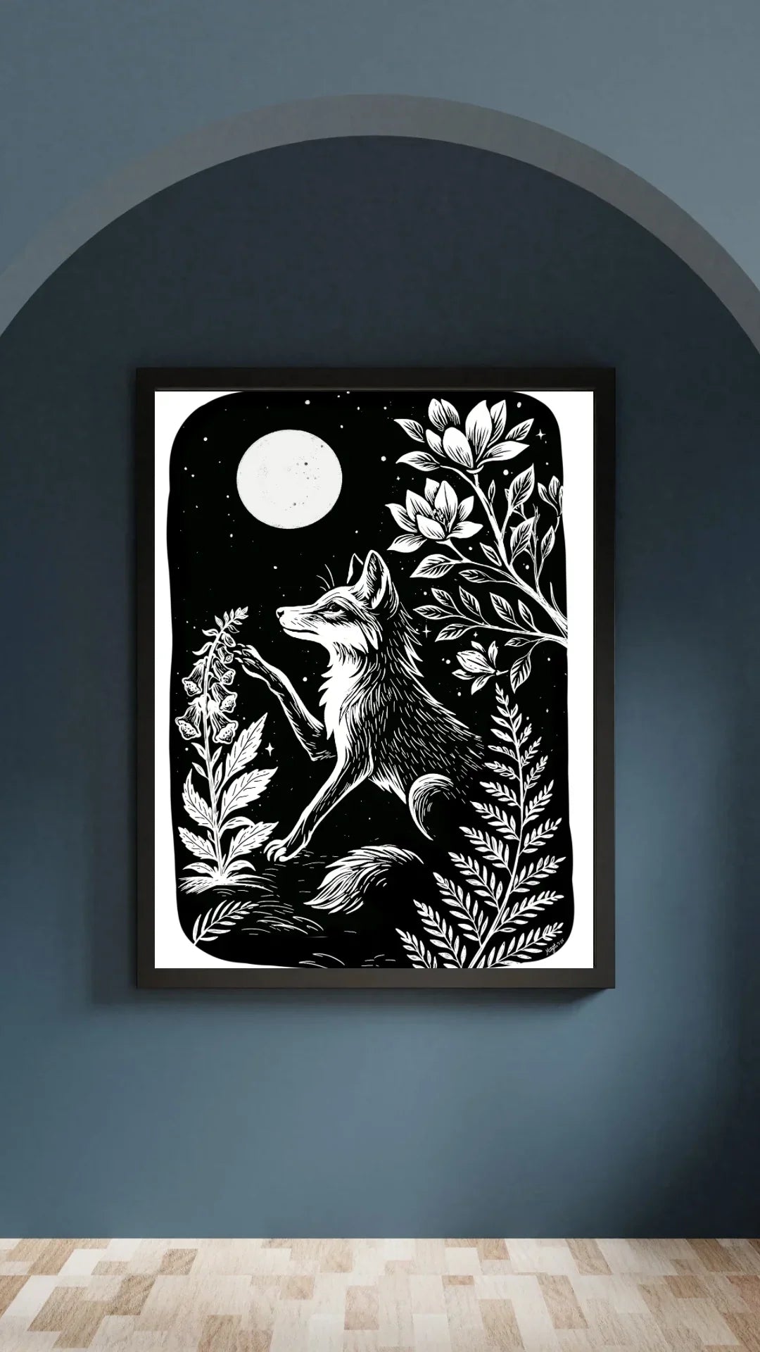 Art Print - Digitalis Monochrome Mystical Fox Folk Art Linocut Style - Mystical Wall Art Print - Revolutionary Mystic