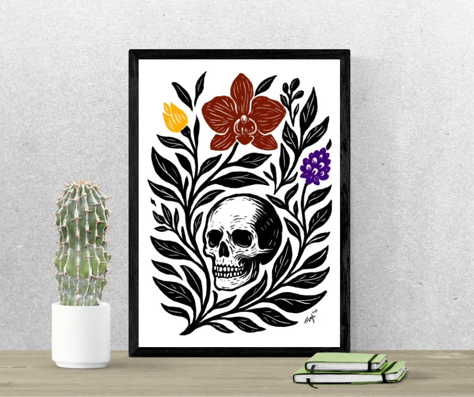 Art Print - Skull Garden Folk Art Minimal Modern Botanical - Mystical Wall Art Print - Revolutionary Mystic
