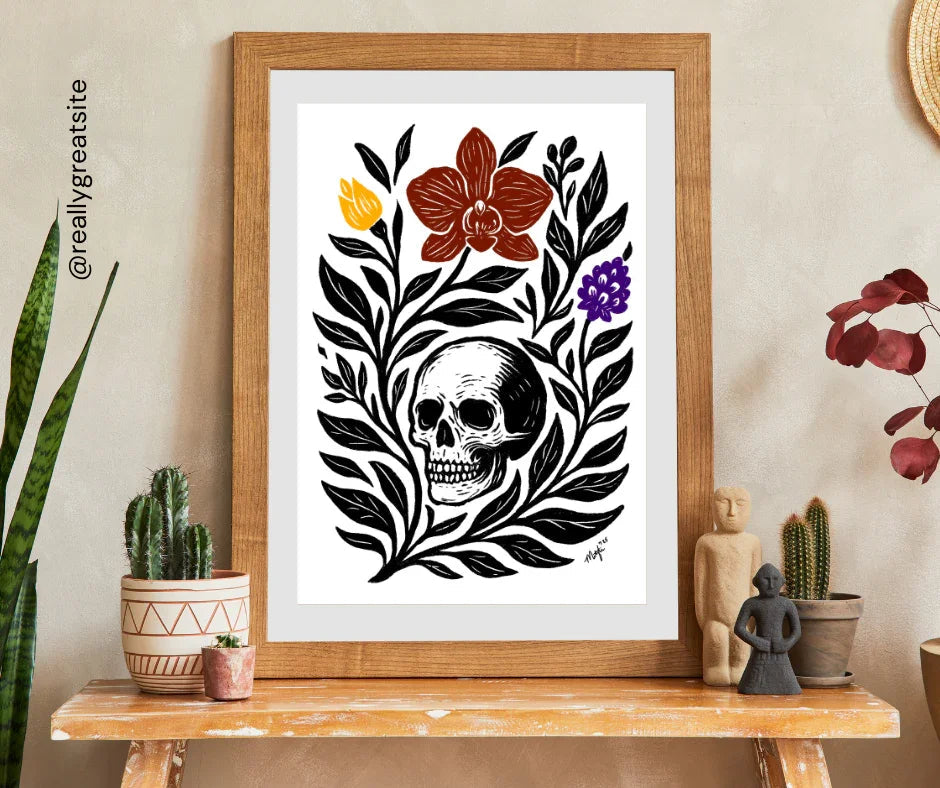 Art Print - Skull Garden Folk Art Minimal Modern Botanical - Mystical Wall Art Print - Revolutionary Mystic