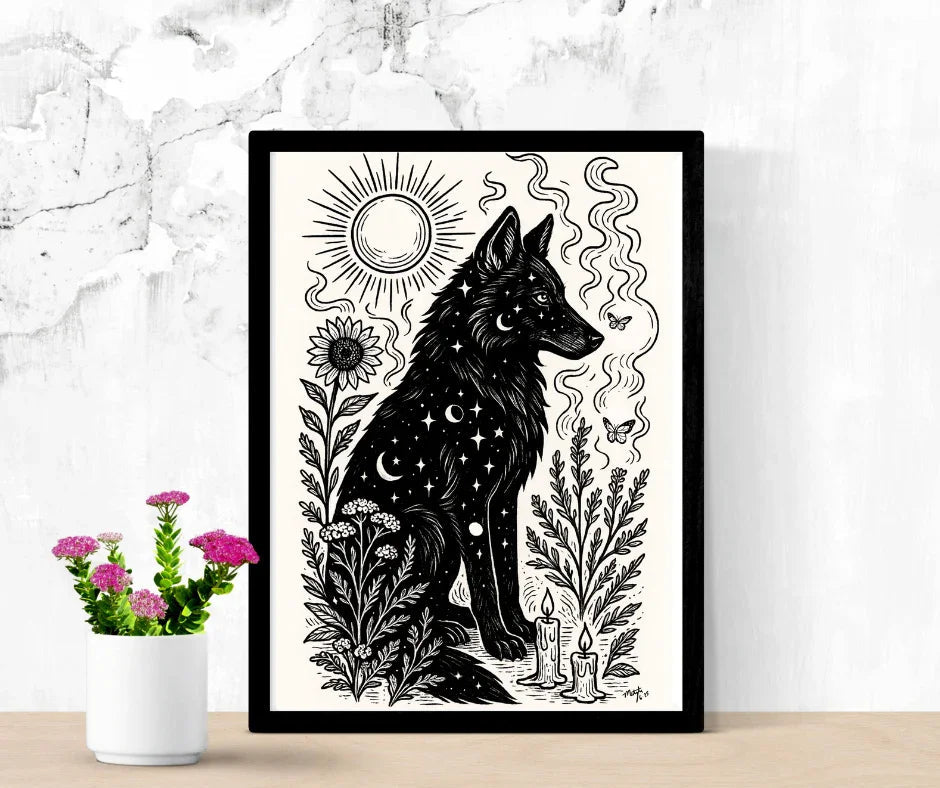 Art Print - Solar Solstice Mystical Wolf Monochrome Witchy Aesthetic - Mystical Wall Art Print - Revolutionary Mystic
