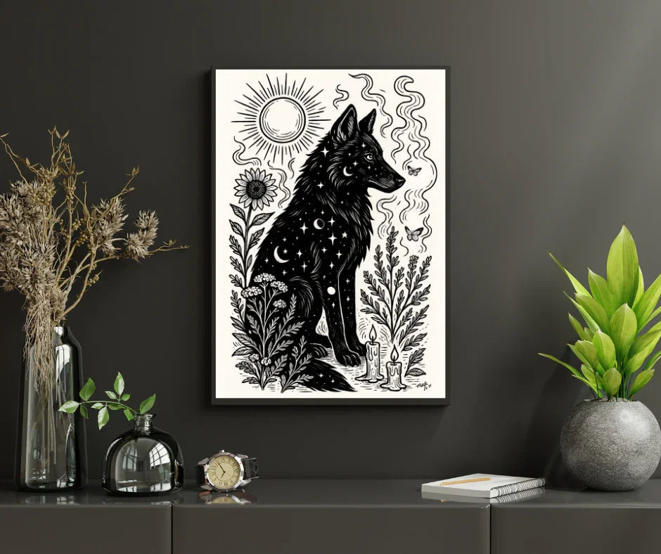 Art Print - Solar Solstice Mystical Wolf Monochrome Witchy Aesthetic - Mystical Wall Art Print - Revolutionary Mystic
