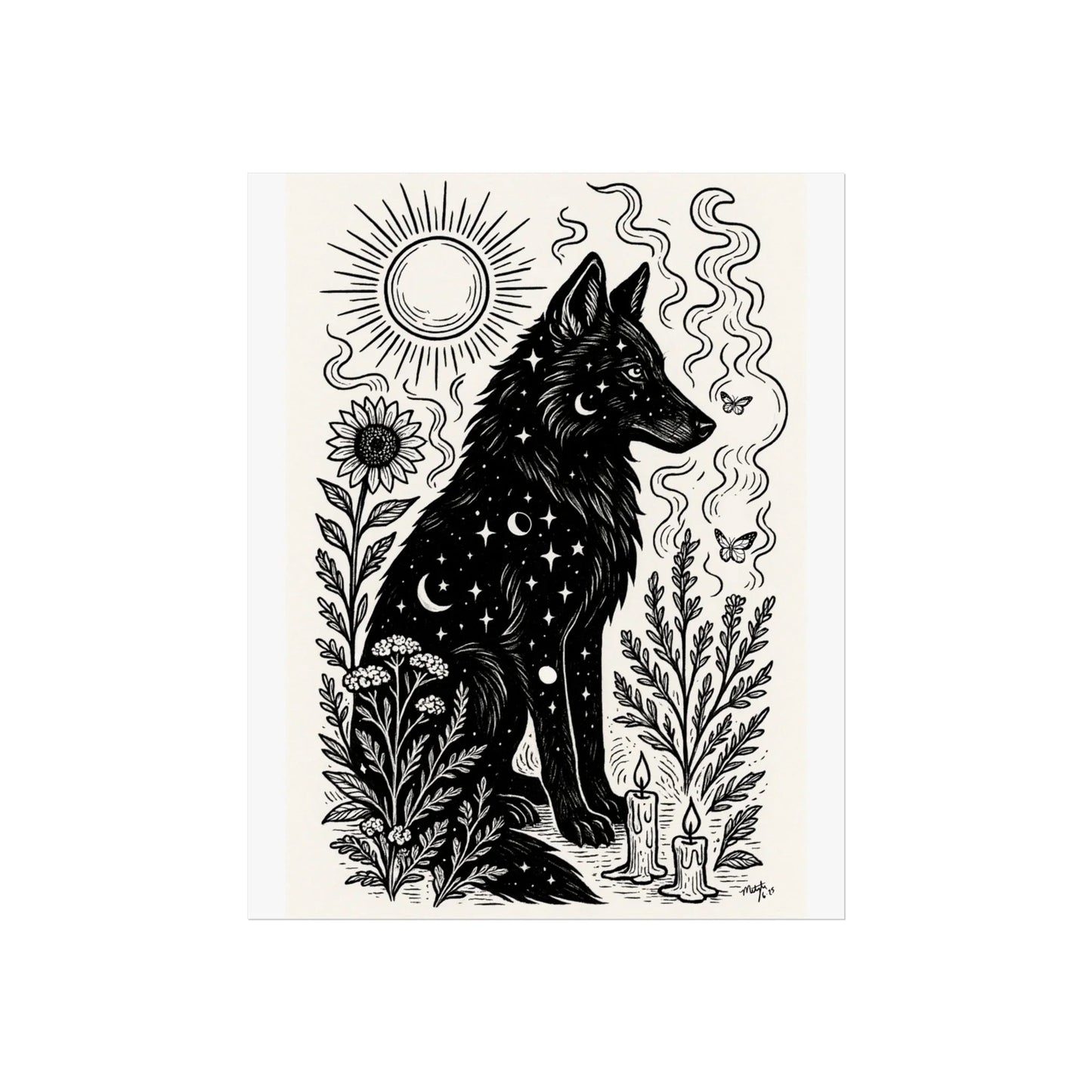 Art Print - Solar Solstice Mystical Wolf Monochrome Witchy Aesthetic - Mystical Wall Art Print - Revolutionary Mystic