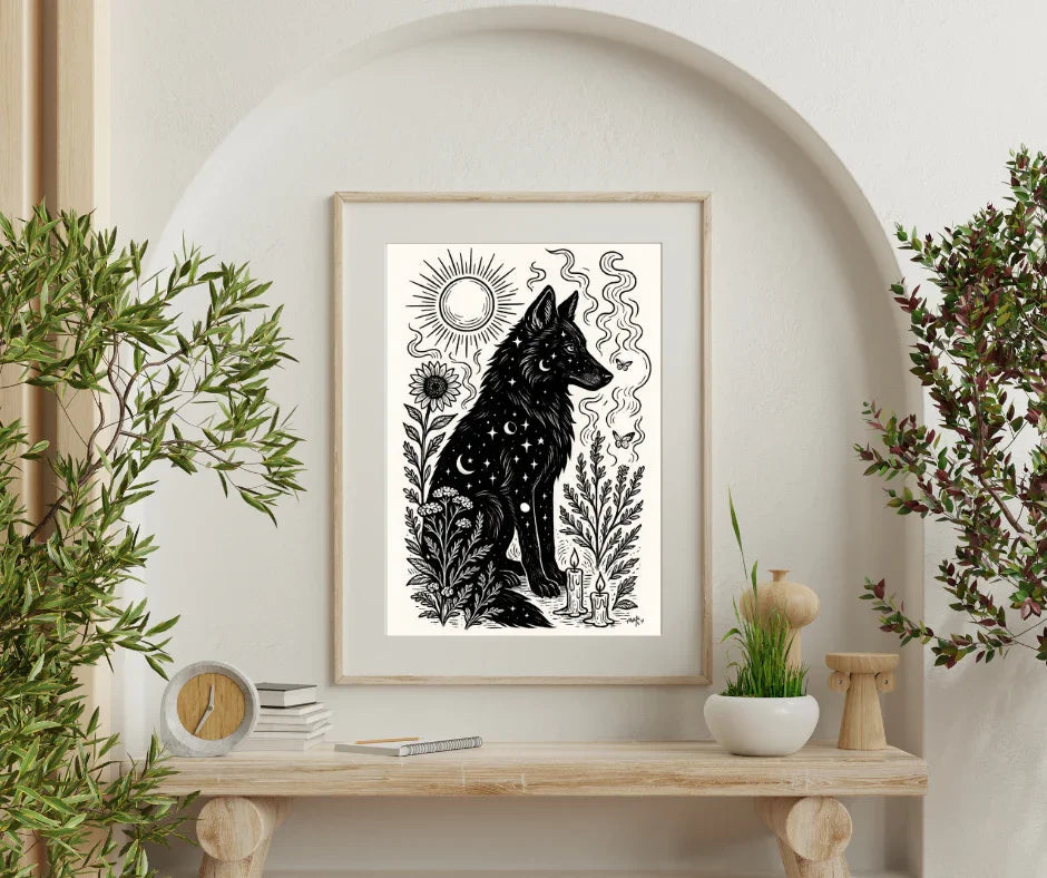 Art Print - Solar Solstice Mystical Wolf Monochrome Witchy Aesthetic - Mystical Wall Art Print - Revolutionary Mystic