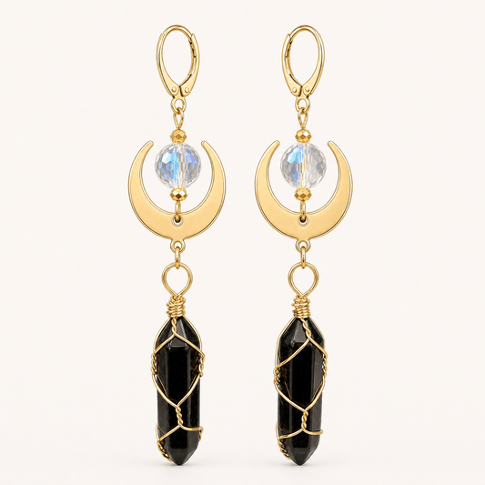 Event Horizon — Black Onyx & Gold Crescent Earrings - Black Moon Ritualcraft