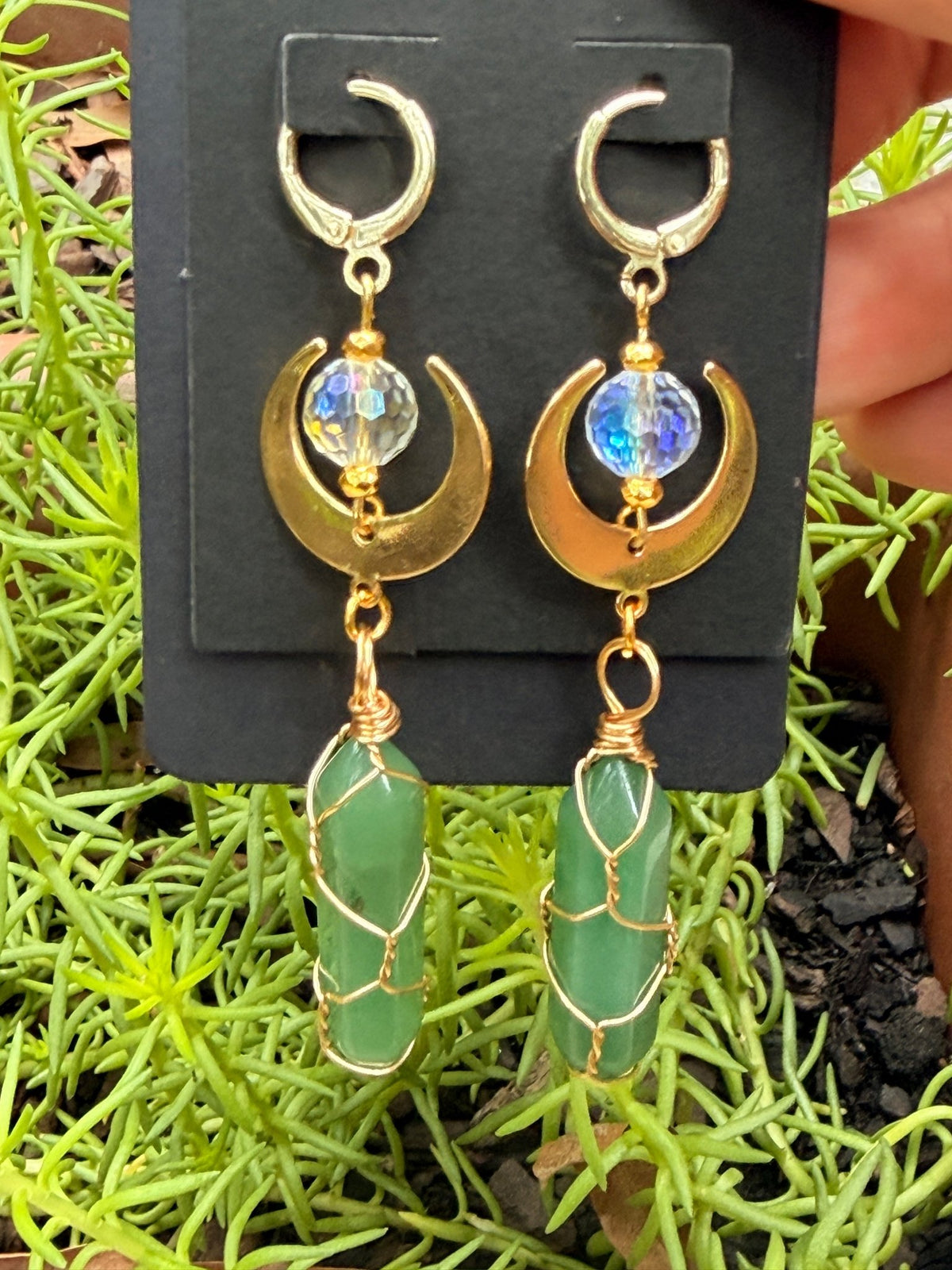 Verdant Orbit — Amazonite & Gold Crescent Earrings - Black Moon Ritualcraft
